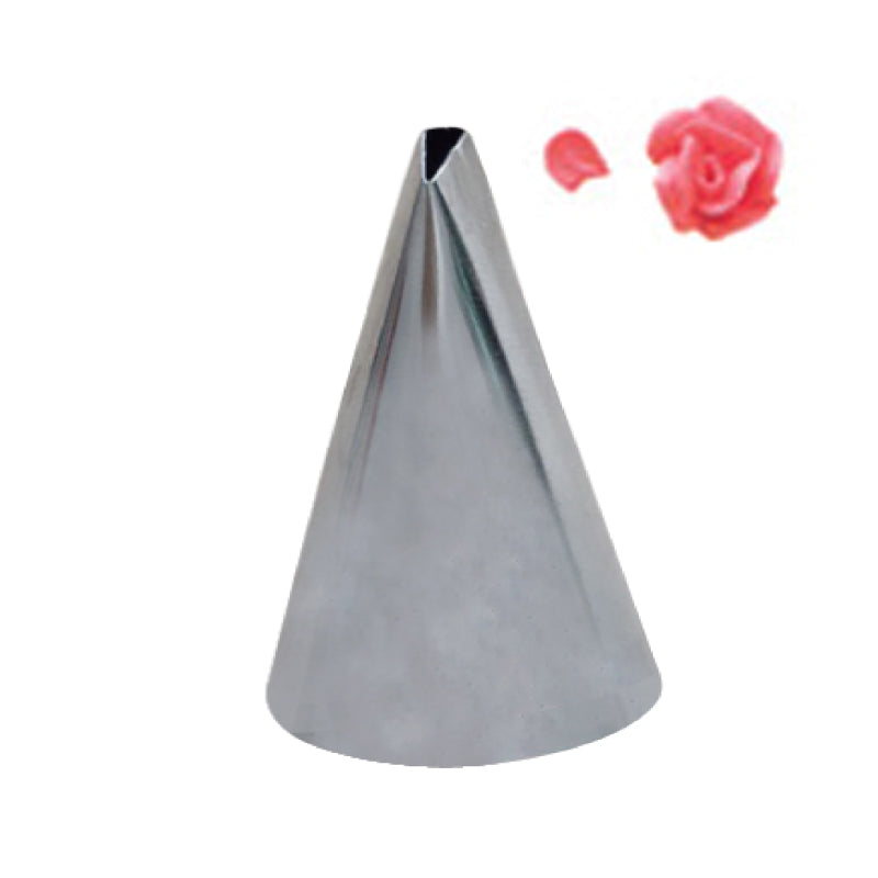 A stainless steel piping nozzle with a tapered, cone shape. The nozzle has a small opening at the top and is shown alongside a stylized pink icing rose, suggesting its use in cake decorating. The background is plain, emphasizing the nozzle and the flower decoration.