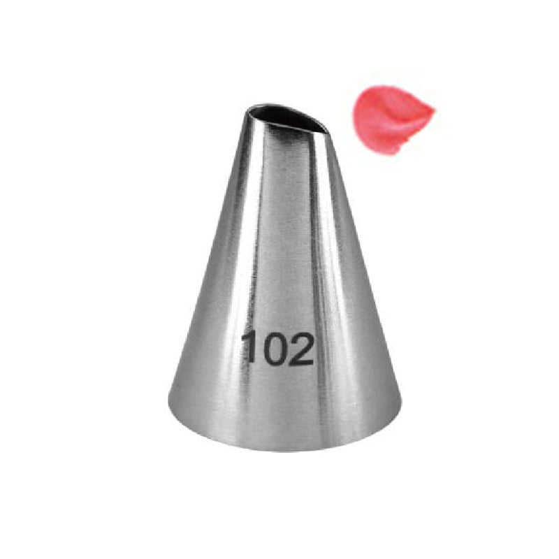 A metal piping nozzle with a conical shape labeled "102." It has a narrow opening at the top and a wide base. Next to it, there is a small dollop of pink frosting.