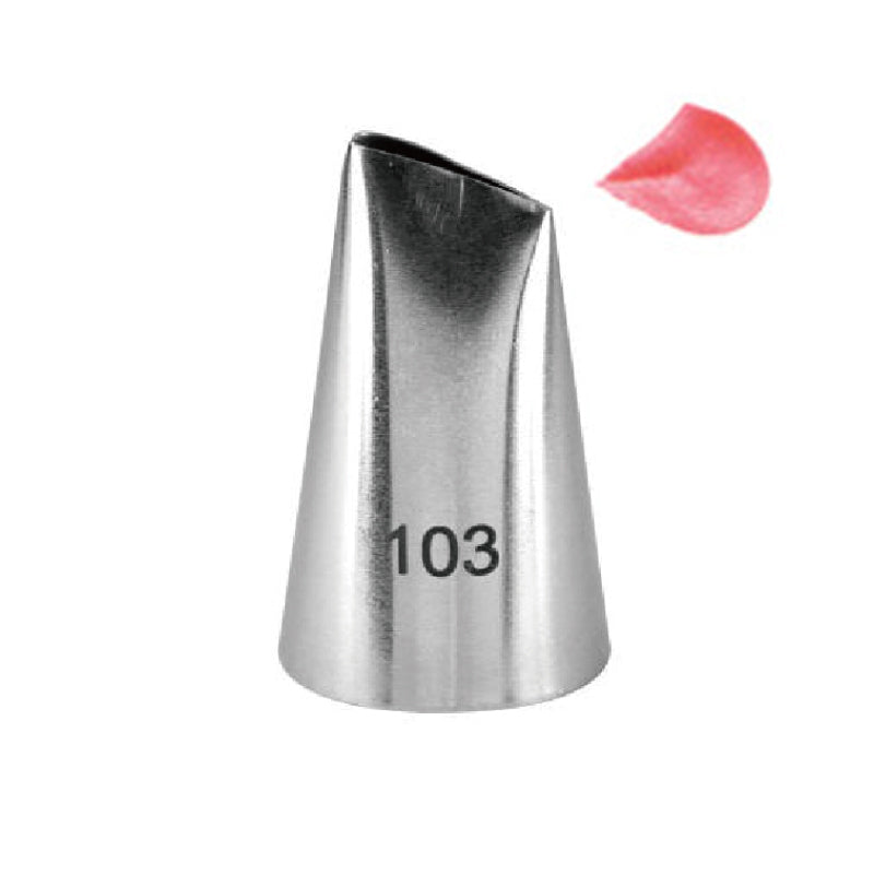 A stainless steel piping nozzle labeled "103." The nozzle has a conical shape with a wide opening at the top, and there is a small, curved pink icing swirl next to it.