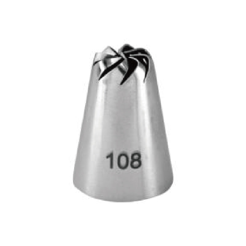 A stainless steel piping nozzle with a conical shape and a decorative top featuring several pointed openings. The number &quot;108&quot; is printed on the side of the nozzle.