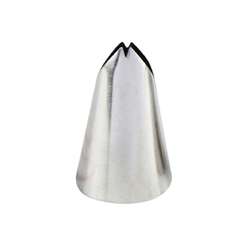 An image of a stainless steel piping nozzle, shaped like a cone with a pointed tip and two small openings at the top, commonly used for decorating cakes and pastries. The nozzle has a smooth, shiny surface reflecting light, emphasizing its metallic finish.