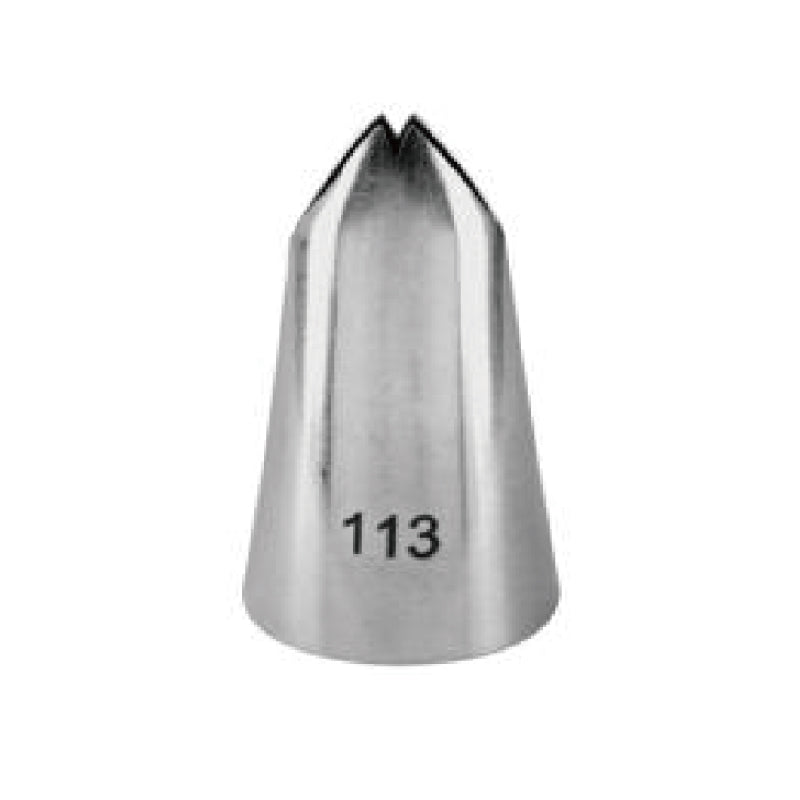 A stainless steel piping nozzle with a conical shape, featuring a pointed tip that is split at the top. The nozzle is labeled with the number &quot;113&quot; on its side.