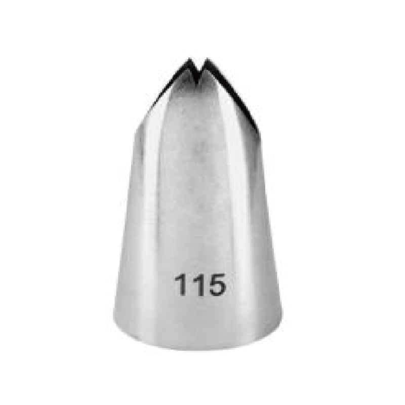 A silver piping nozzle with a pointed tip, labeled with the number &quot;115.&quot; The nozzle has a tapered design and a smooth surface.