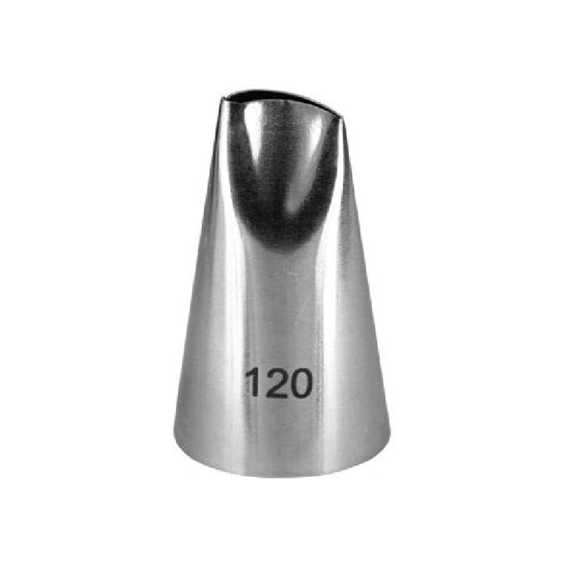 A stainless steel piping nozzle shaped like a cone with an open tip and the number &quot;120&quot; printed on its side. The nozzle has a smooth surface and tapers down to a rounded base.