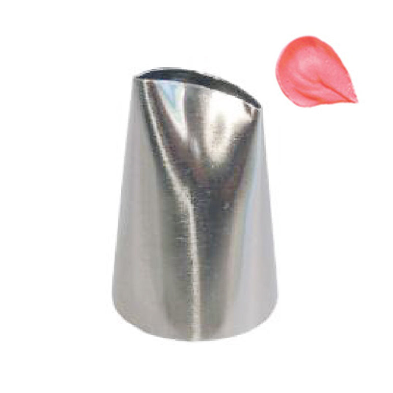 A stainless steel piping nozzle with a conical shape. Next to it is a small dollop of pink frosting, illustrating how the nozzle can be used for cake decoration.