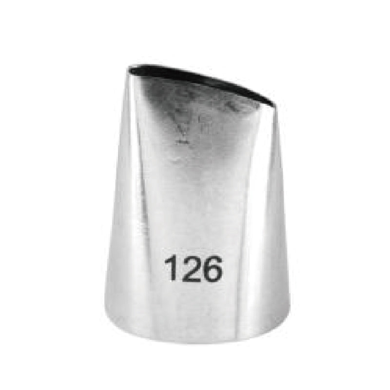 A metallic piping nozzle with a slightly angled opening, featuring the number "126" printed on its side. The nozzle has a shiny surface and a conical shape, tapering down to a broader base.