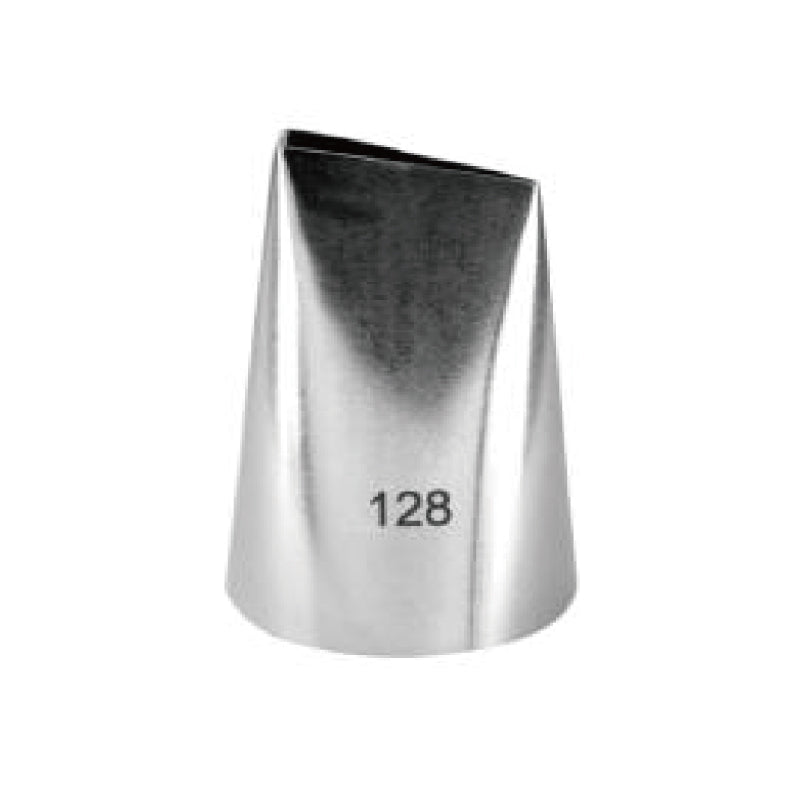 Image of a metal piping nozzle with a slanted opening, labeled with the number &quot;128&quot; on the side. The nozzle has a conical shape, tapering toward the bottom.