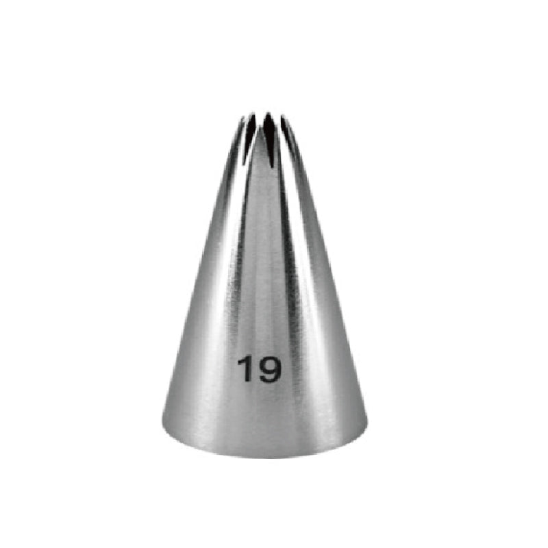 A stainless steel piping nozzle shaped like a cone with a pointed tip and a number &quot;19&quot; printed on the side. The nozzle has multiple small openings at the top for decorative piping.