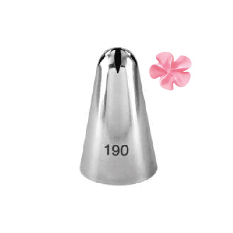 A metal piping nozzle labeled "190" is displayed, shaped in a conical form with a rounded tip. Next to it is a small pink decorative icing flower. The background is plain white.