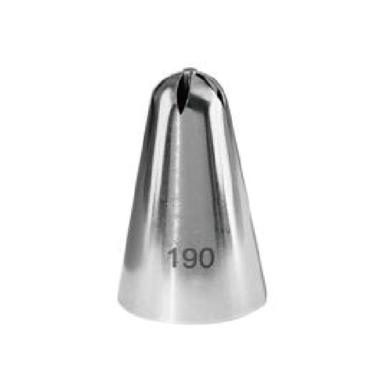 A metal piping nozzle with a pointed, conical shape, featuring a small slit at the top. The number "190" is engraved on the side, indicating the size or type of the nozzle. The surface is shiny and reflective.