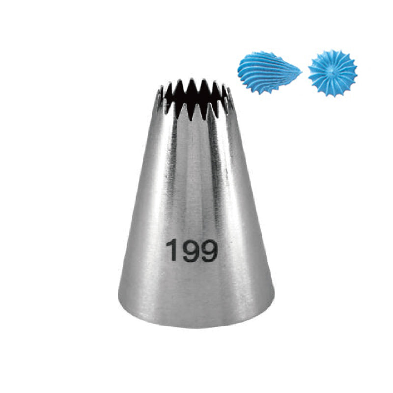 A stainless steel piping nozzle labeled &quot;199&quot; with a pointed, fluted top. Above the nozzle are two decorative blue icing designs: one shaped like a swirl and the other resembling a leaf.