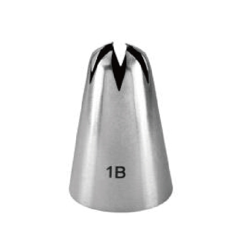 A stainless steel piping nozzle with a conical shape and a wide opening at the top. The nozzle features a distinctive, fluted tip that has a &