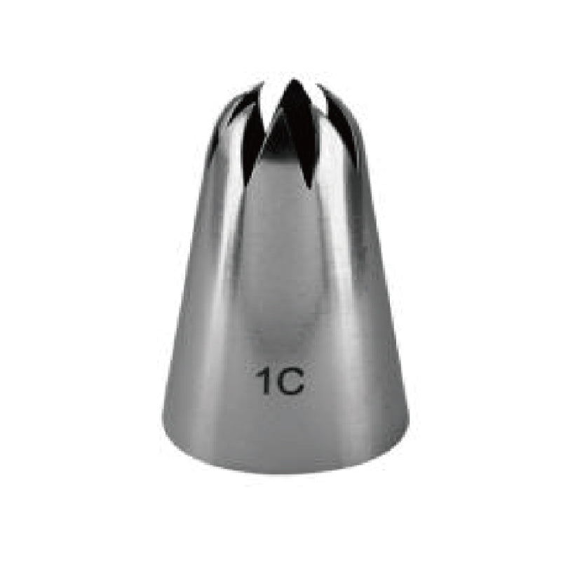 A stainless steel piping nozzle, conical in shape with a rounded tip that has a star-like opening. The nozzle is marked with &quot;1C&quot; on the side, indicating its size or type.