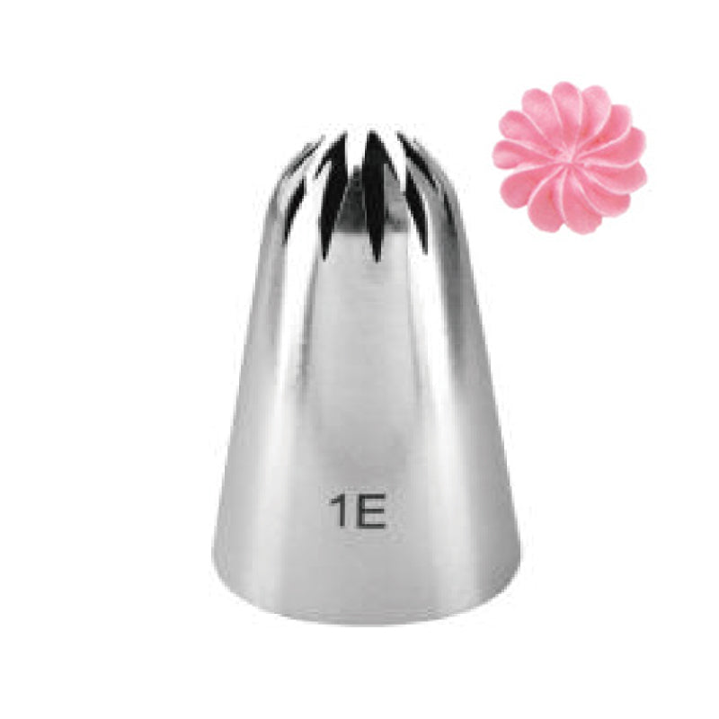 A chrome piping nozzle labeled &