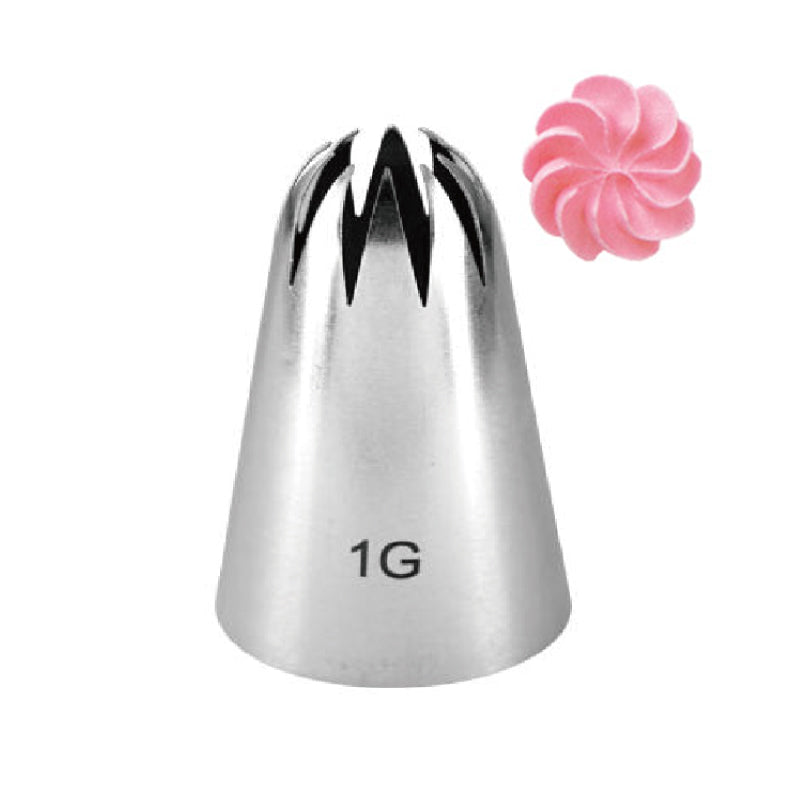 A stainless steel piping nozzle labeled &quot;1G&quot; with a wide, open tip featuring multiple vertical slits. Next to the nozzle is a small decorative swirl of pink frosting.