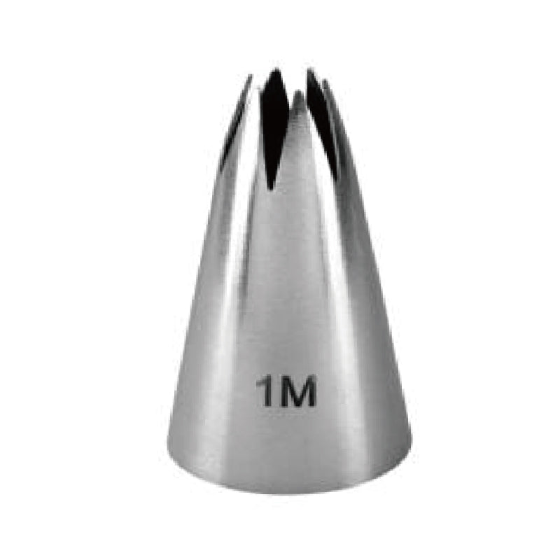 A metal piping nozzle shaped like a cone, labeled &quot;1M.&quot; The nozzle has a pointed top with multiple slits and a smooth, shiny surface.