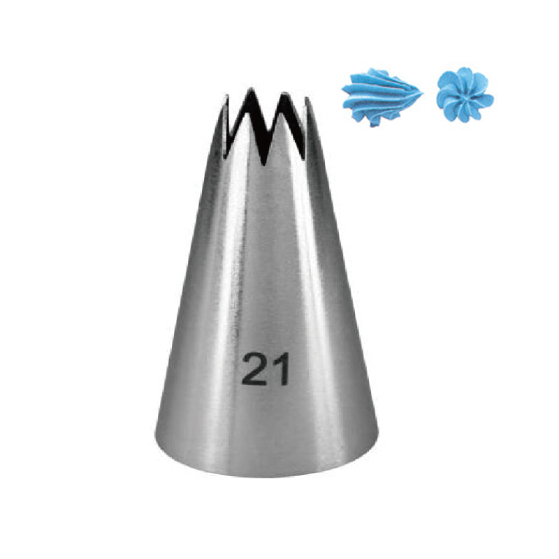 A stainless steel piping nozzle with the number &quot;21&quot; printed on its side, featuring a star-shaped opening at the top. Next to it are two decorative icing examples in blue, one resembling a swirl and the other a flower shape.