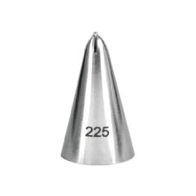 An image of a metal piping nozzle, shaped like a cone with a pointed tip. The nozzle is shiny and has the number &quot;225&quot; engraved on it. It is designed for cake decorating and similar uses.