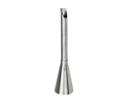 A metal piping nozzle with a conical shape, featuring a narrow opening at the top and a wider base. The surface appears smooth and metallic, suitable for piping decorations on cakes or pastries.