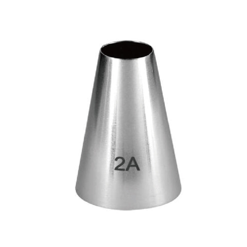 A silver metal piping nozzle with a conical shape, labeled &quot;2A&quot; on the side. The nozzle has a wide opening at the top and narrows towards the bottom.