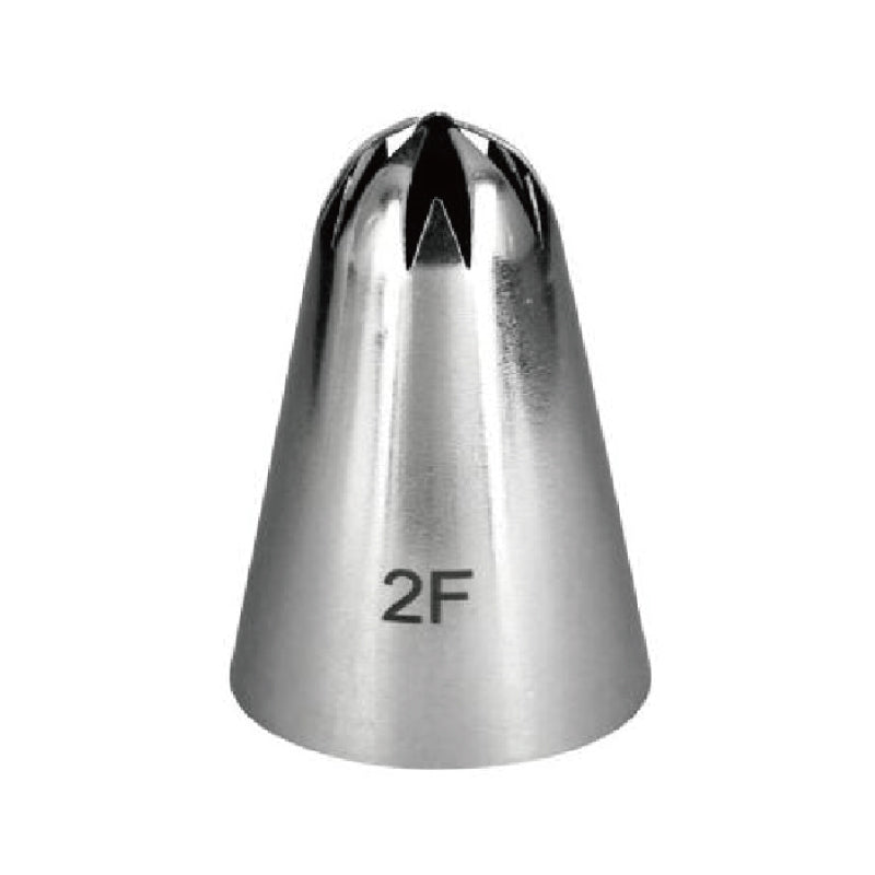 A stainless steel piping nozzle with a pointed tip featuring a star-shaped opening. The nozzle is conical in shape and has the number "2F" printed on its side. The surface is shiny and reflective.