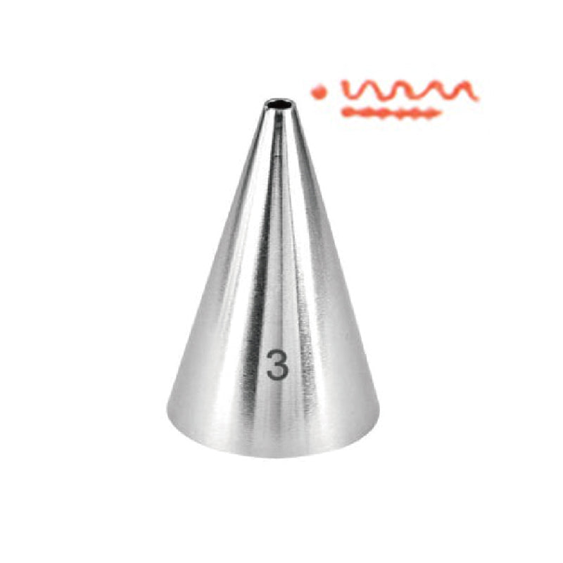 A silver metal piping nozzle shaped like a cone, labeled with the number &quot;3&quot; on its side. Above the nozzle, there is a red line illustration depicting a wavy pattern.