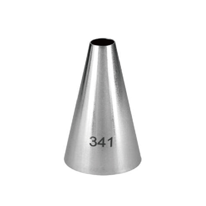 The image features a metallic piping nozzle, specifically identified as "341." The nozzle has a tapered conical shape, with a smooth, shiny surface. The number "341" is printed in black on the side of the nozzle. The opening at the top is circular, allowing for the dispensing of icing or other materials in decorative patterns.
