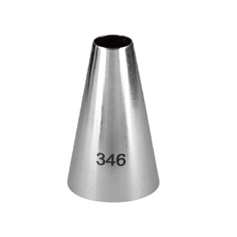 A stainless steel piping nozzle with a conical shape, labeled with the number &quot;346&quot; on its side. The nozzle has a wide opening at the top that tapers down to a smaller opening at its base, suitable for decorating pastries and cakes.