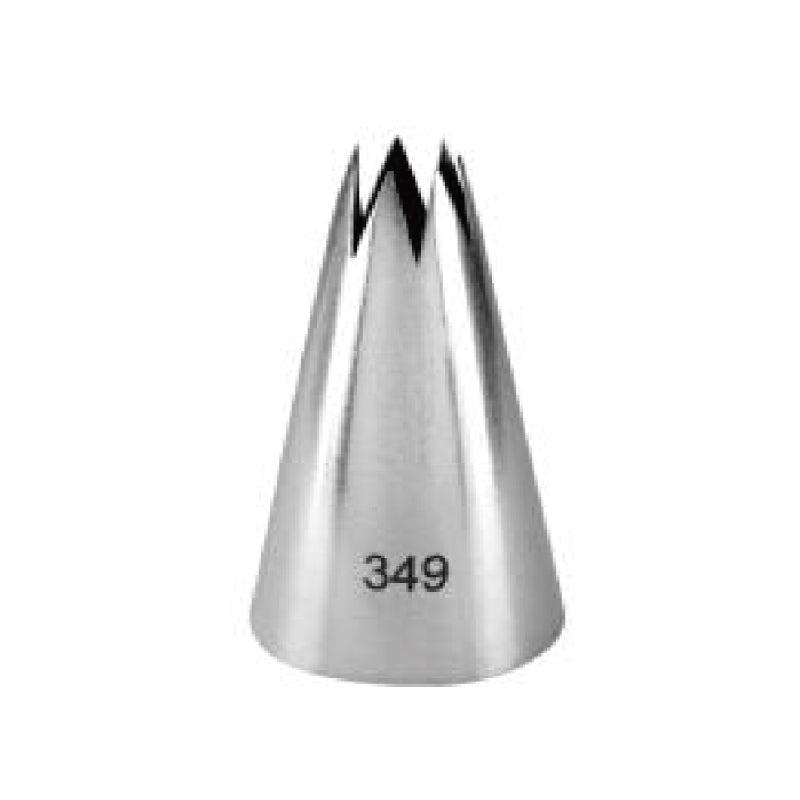 A silver metal piping nozzle with a conical shape and a jagged top, labeled with the number &quot;349&quot; on its side. The nozzle is designed for decorating baked goods like cakes and pastries. The background is plain white.