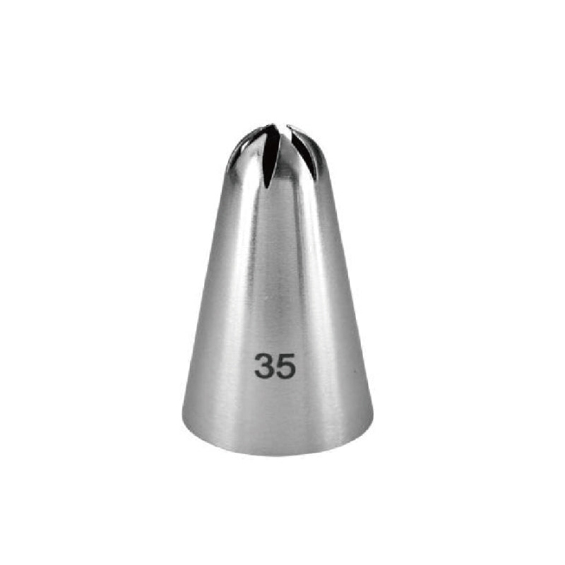 A stainless steel piping nozzle with a conical shape, featuring a pointed tip and two vertical slits at the top. The number &quot;35&quot; is clearly printed on the side of the nozzle.