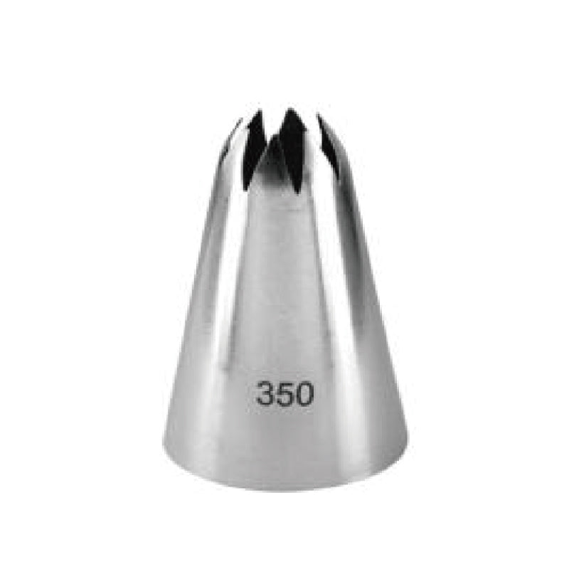 A metallic piping nozzle with a conical shape, featuring a serrated edge at the top. The number &quot;350&quot; is printed on the side of the nozzle, indicating its size or model.