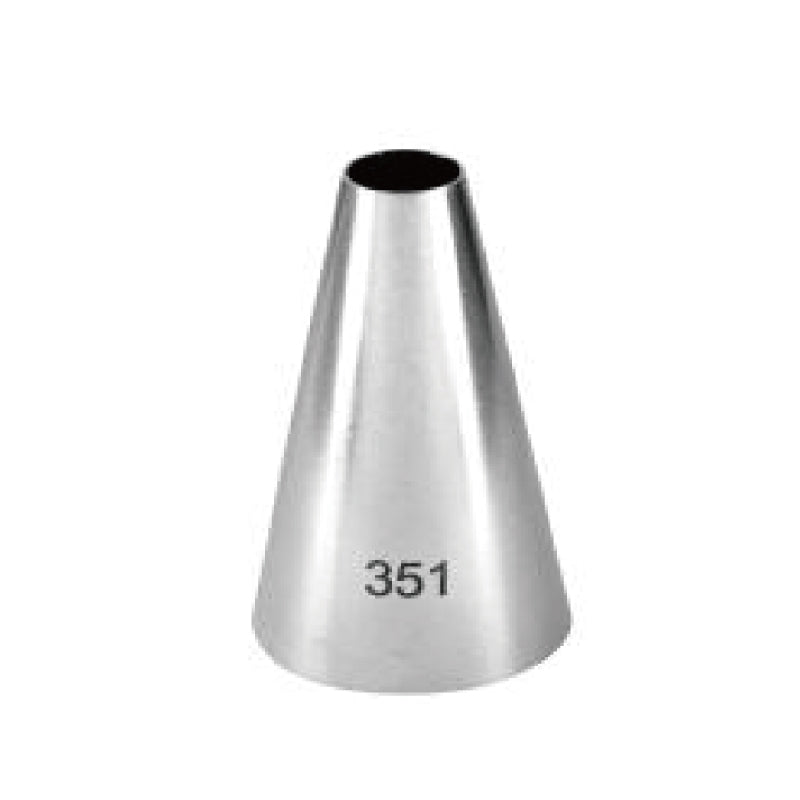 A stainless steel piping nozzle with a conical shape, featuring the number &quot;351&quot; engraved on its side. The nozzle is open at the top and has a wider base, suitable for decorating cakes and pastries.