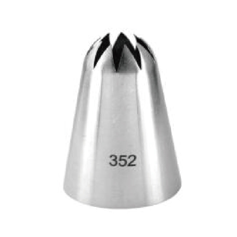 A stainless steel piping nozzle with a conical shape and an open tip featuring a star pattern. The nozzle is marked with the number "352" on its side.