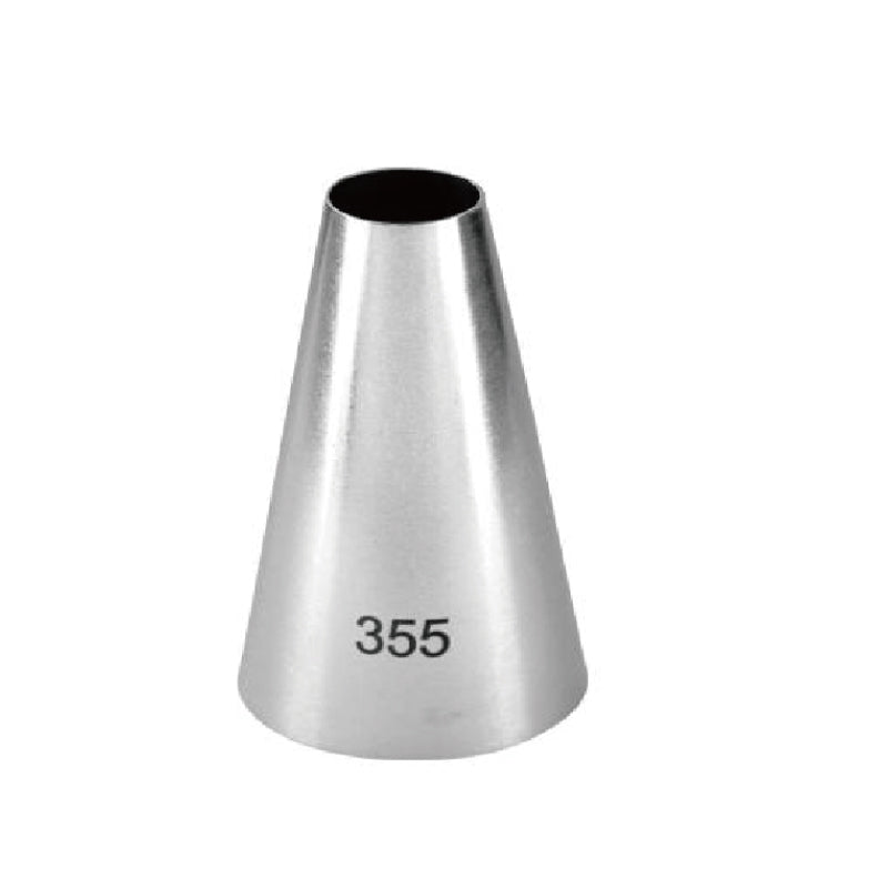 A metallic piping nozzle with a tapered cone shape, featuring the number &quot;355&quot; printed on its side. The nozzle has a round opening at the top and a wider base.