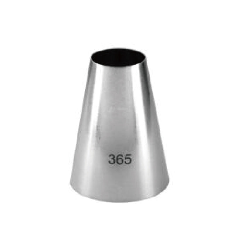 A metallic piping nozzle with a tapered cone shape. The nozzle is labeled with the number &quot;365&quot; on its side, and the top opening is circular and open.