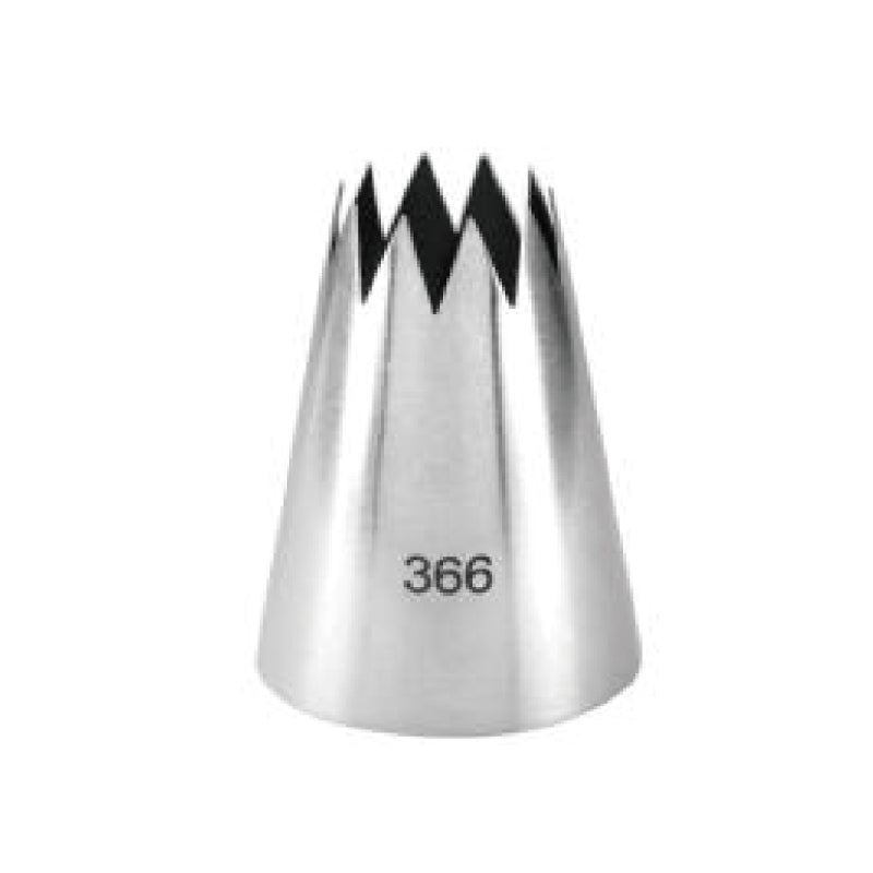 A stainless steel piping nozzle with a conical shape, featuring a serrated edge at the top. The nozzle is labeled with the number &quot;366&quot; on one side.