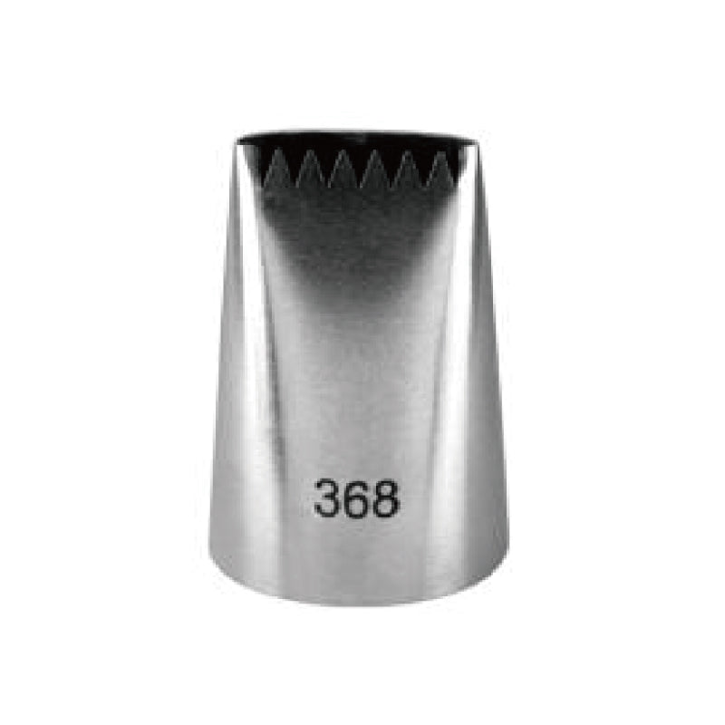 A metal piping nozzle with a cone shape, featuring a serrated edge at the top and the number &quot;368&quot; printed on its side. The nozzle is reflective and has a smooth finish.