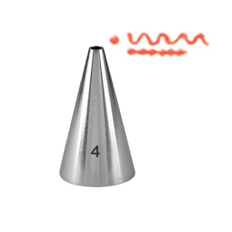 A stainless steel piping nozzle with a conical shape, labeled with the number &quot;4.&quot; Above the nozzle, there are decorative swirl and wave patterns in red, suggesting possible piping designs.