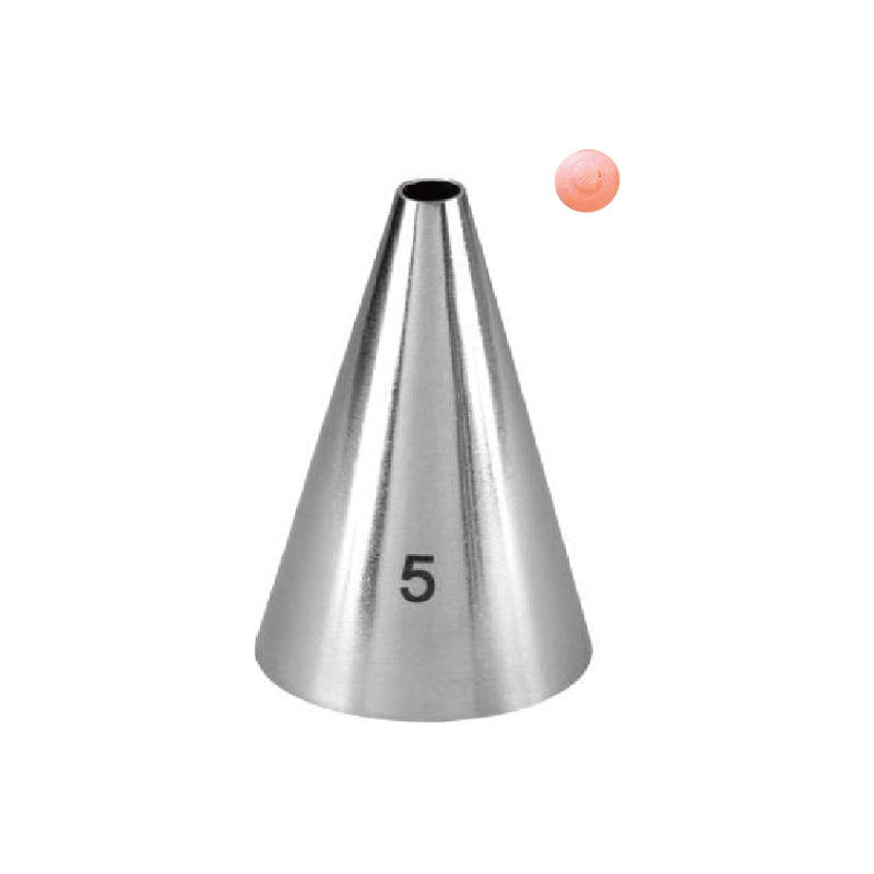 A stainless steel piping nozzle with a conical shape, engraved with the number &quot;5&quot; on its side. Next to it is a small, round, pink frosting decoration.