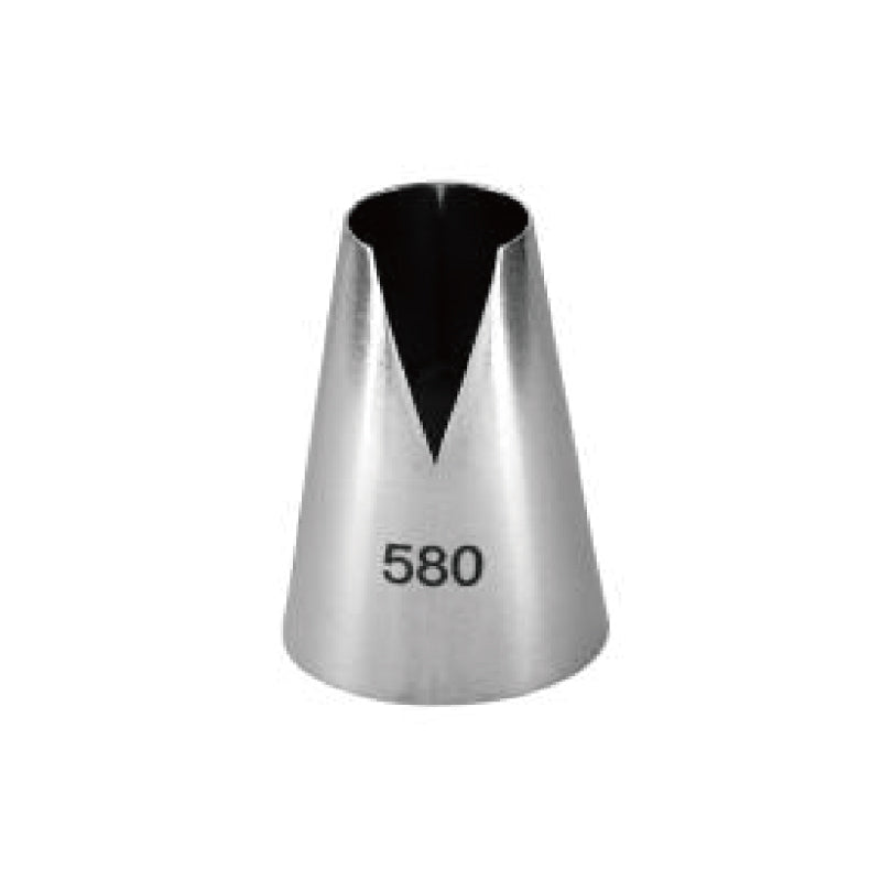 An image of a stainless steel piping nozzle, identified by the number "580" printed on its side. The nozzle has a tapered cone shape with a wide opening at the top and a narrow tip, designed for decorating baked goods.