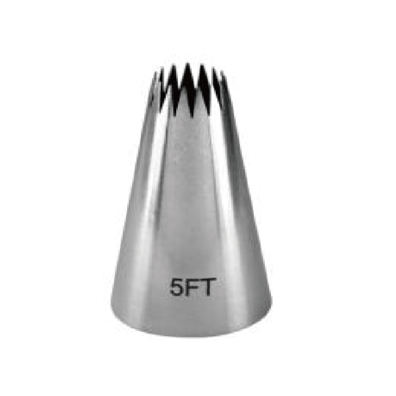 A stainless steel piping nozzle with a conical shape, featuring a jagged edge at the top. The nozzle is labeled with &quot;5FT&quot; on its side.