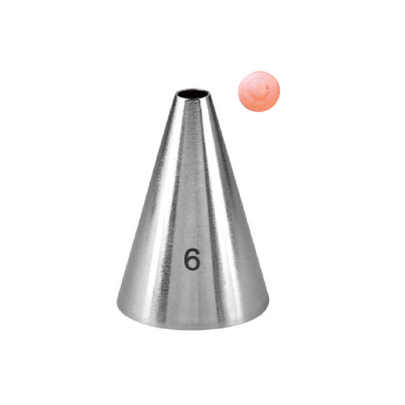A stainless steel piping nozzle shaped like a cone, labeled with the number &