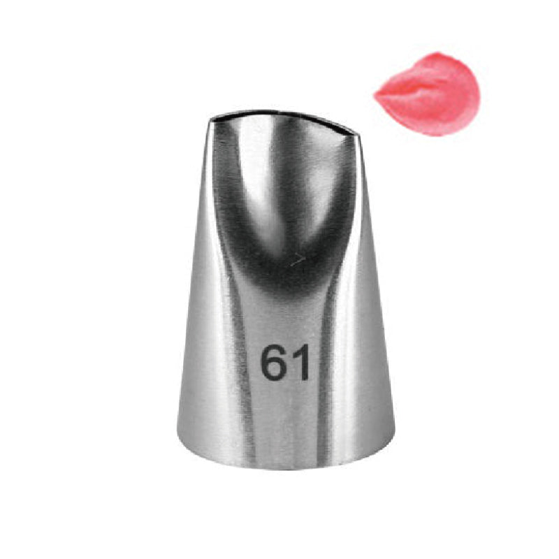 The image features a stainless steel piping nozzle labeled &quot;61.&quot; The nozzle has a tapered, conical shape with an open, rounded tip designed for cake decorating. To the side, there is a pink swirl of icing, illustrating the potential decorative output of the nozzle. The background is plain, emphasizing the two main elements: the piping nozzle and the icing.