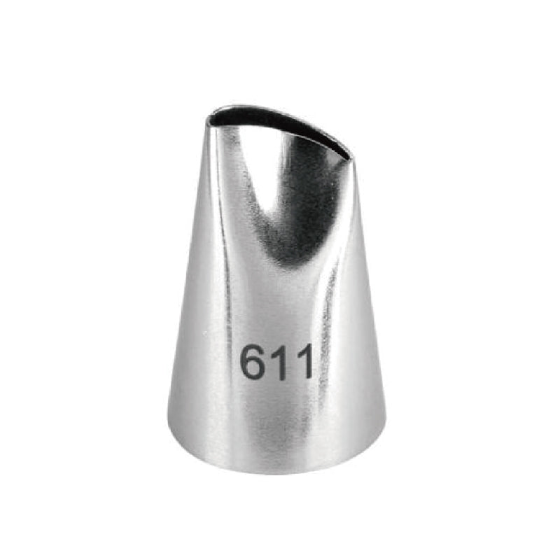 A metallic piping nozzle with a tapered, conical shape, featuring an open tip at the top. The number "611" is printed on the side of the nozzle. The surface appears shiny and smooth, indicative of stainless steel material commonly used for baking accessories.