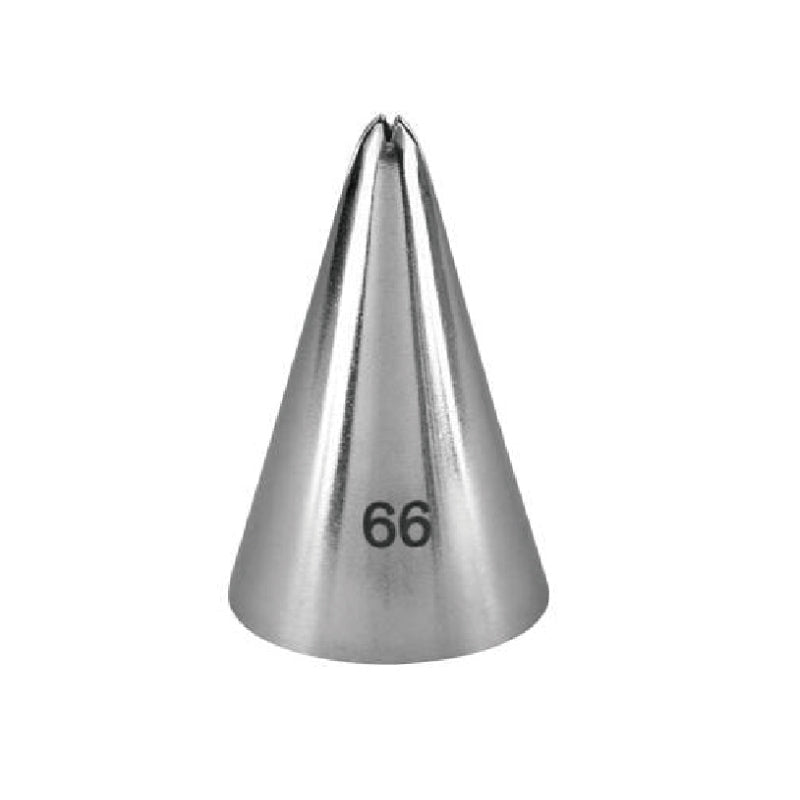 A stainless steel piping nozzle, shaped like a cone with a pointed top, featuring the number &quot;66&quot; printed near the base. The nozzle is designed for decorating cakes and pastries.