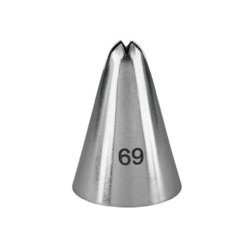 A metallic piping nozzle with a cone shape, featuring a jagged opening at the top and the number "69" printed on the side. The nozzle is designed for cake decorating or pastry applications.