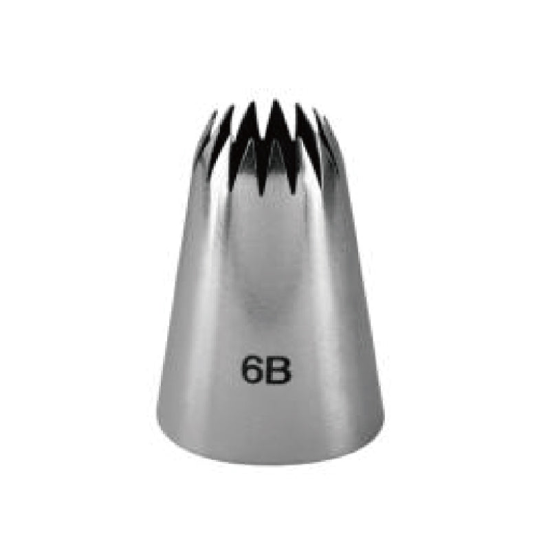 A stainless steel piping nozzle with a wide, tapered body and a star-shaped opening at the top. The nozzle is marked with the number &quot;6B&quot; on one side. The design is suitable for decorating baked goods with detailed icing.