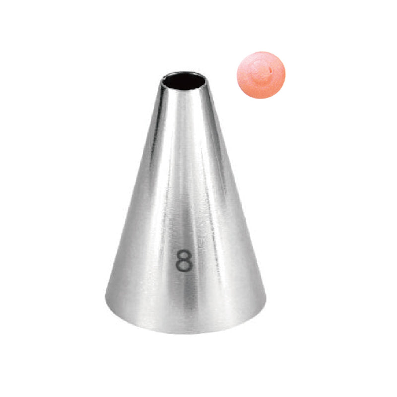 The image features a stainless steel piping nozzle shaped like a cone with a smooth surface. The nozzle is labeled with the number "8" on its side, indicating its size. Above the nozzle, there is a small pink icing dollop that resembles a decorative swirl, showcasing the type of work the nozzle can produce. The background is plain and white, emphasizing the nozzle and its capabilities.