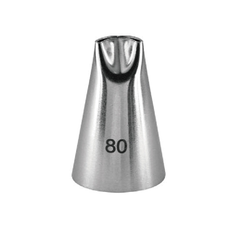 A stainless steel piping nozzle with a tapered shape, featuring the number "80" printed on its side. The nozzle has a smooth surface and an opening at the top.