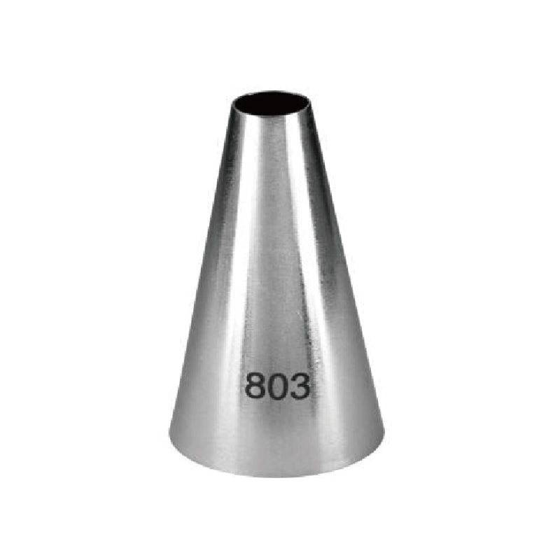 A metallic piping nozzle with a conical shape, labeled with the number "803." The nozzle has a wide opening at the top and a tapered design leading to a narrow end, commonly used for cake decorating and pastry applications.